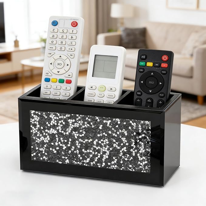 SHYFOY Remote Control Holder, 3 Compartments Glass TV Remoter Caddy Crushed Diamond Desktop Organizer Makeup Brush Holder Storage Fits TV Remotes, Media Controllers, Office Supplies(Black)