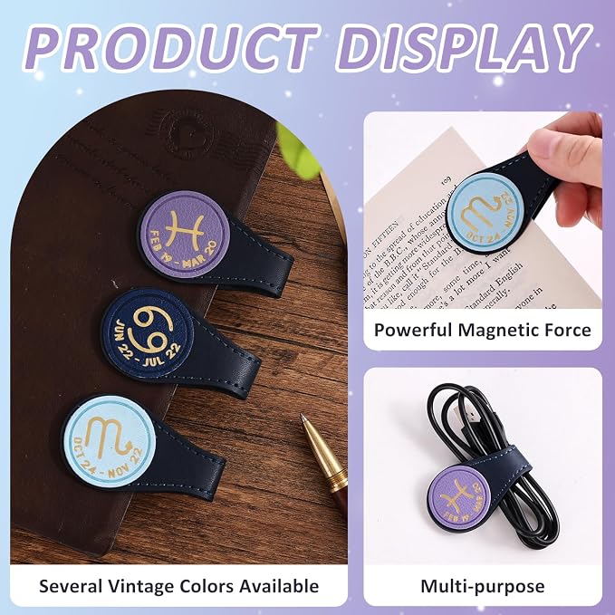 3 PCS Leather Magnetic Bookmark Clips, Zodiac PU Leather Bookmarks for Book Lovers, Full Set of Book Clip Accessories, Water Sign