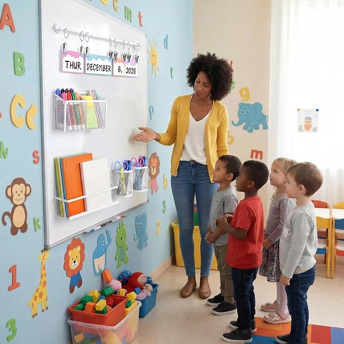 5 Pcs Classroom Whiteboard White Magnetic Organizer Set with 3 Magnetic Pen Holder Calendar Rod and Book File Shelf for Stationery Organizer Classroom Back to School Supplies