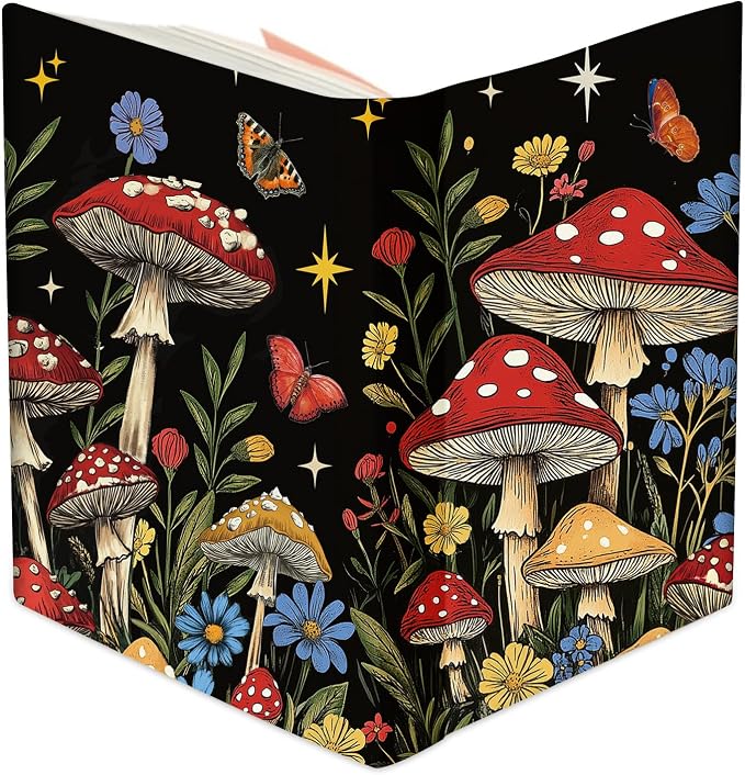 Anseal 1 Pack Mushroom Pattern Stretchable Book Sleeve Cover for Hardcovers Textbooks up to 9" x 12", Washable Reusable Book Protector with 2 Labels