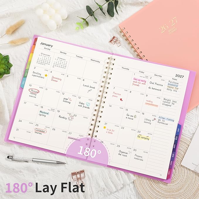 EMSHOI Academic Planner 2026-2027, Large A4 8.5x11, Weekly and Monthly Calendar (July 2026-June 2027), School Student Teacher Agenda Book, 100GSM Thick Paper, PVC Cover, Colorful Tabs, Purple