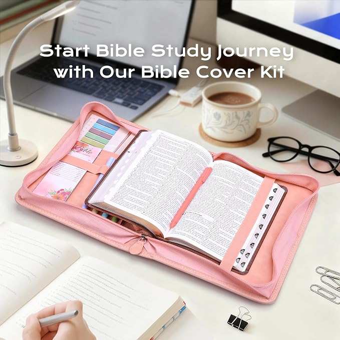 XKDOUS Bible Cover Case for Women, Leather Bible Bags with Study Supplies Journaling Kit, Gold Foiled Carrying Case Large Church Book Holder with Handle, Christian Gifts for Lady