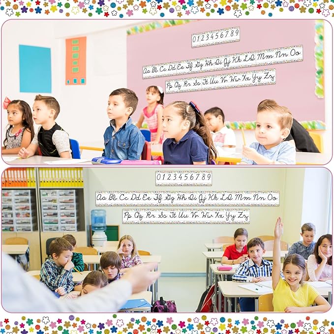 Set of 9 Confetti Cursive Writing Bulletin Board Colorful Cursive Alphabet Wall Strip for Teacher Supplies, Classroom Teaching Tool, Homeschooling, Kids Education