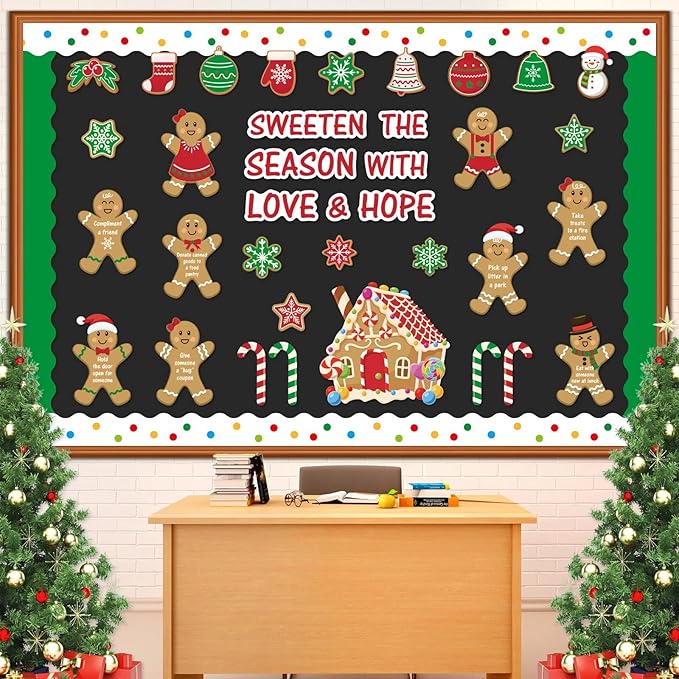 Christmas Gingerbread Bulletin Board Set Holiday Inspirational Classroom Decorations Sweet Gingerbread House Candy Cane Cutouts for Office Home Wall Door Xmas Display