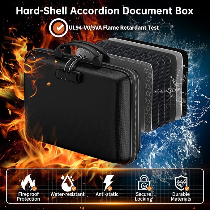 ENGPOW Fireproof Document Box with Lock, Hard Case Fire & Water Resistant File Organizer with 25-Pocket Accordion File Folder, Portable Home Office Safe Storage for Important Documents Laptop Black