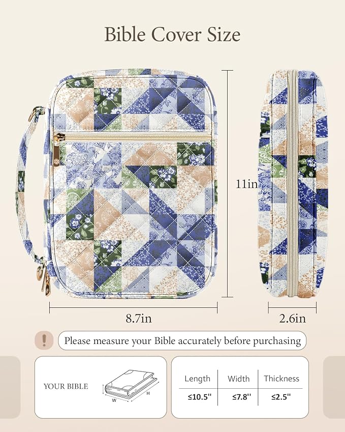 BellaHold Bible Cover Case for Women, Large Bible Bag with Detachable Strap & Bible Study Supplies, 12 Highlighters, 6 Gel Pens & 75 Bible Tabs, Christian Gifts for Women (Light Blue Patchwork)