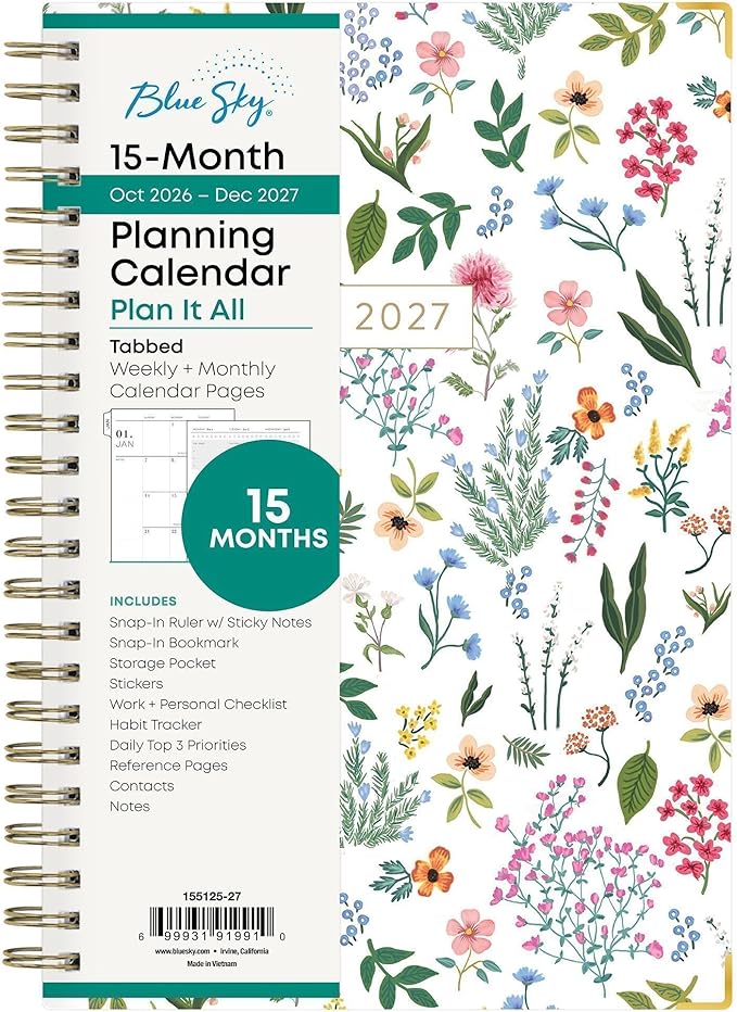 Blue Sky 15 Month 2027 Weekly and Monthly Planner Calendar, October 2026 - December 2027, 5" x 8", Hard Cover, Durable Twin Wire Binding, Laminated Tabs, Storage Pocket, Includes Snap-In Bookmark, Ruler, & Stickers, Londonberry