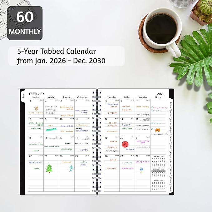 Monthly Planner 2026-2030, 5-Year Calendar Planner 2026-2030, Jan 2026 – Dec 2030, 6.2 x 8.4 In, Ruled Spread, Flexible Cover, Spiral Wirebound, Pocket, 60 Coated Monthly Tabs, Notes ＆ Habit Tracker