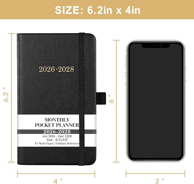 Pocket Planner/Calendar 2026-2028 - 3 Year Monthly Planner 2026-2028, Jan. 2026 - Dec. 2028(36 Months), 6.2" x 3.8", Pocket Planner with 60 Note Pages, Pen Holder, Back Pocket - Black