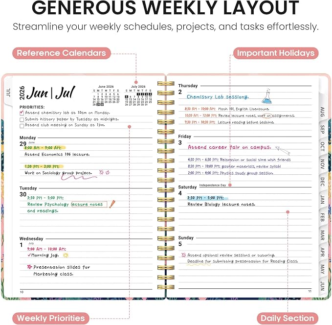 Planner 2026-2027, Academic Year Monthly and Weekly Calendar Planner, Jul 2026 - Jun 2027, Hardcover Teacher Student Planning Agenda book with Tabs, Perfect for School Office Supplies, 6.3" x 8.5" - Meadow Wanderer