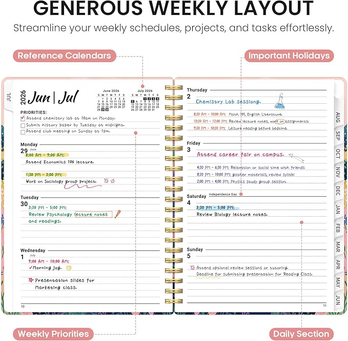 Planner 2026-2027, Academic Year Weekly and Monthly Calender Planner, from Jul 2026 - Jun 2027, Spiral Bound School Planning Book, Perfect for Teacher, Student, Women & Men, A4 (8.5" x 11"), Meadow Wanderer