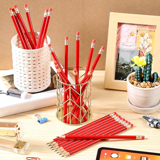 Outus 24 Pieces Round Pencils HB Graphite Pencils Wood Pencils with Eraser Cute Pencil Pack for School Drawing Sketching Wedding Office Supplies(Red)