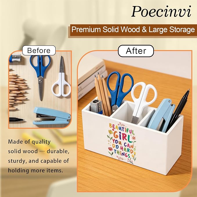 Boho Colorful Floral Inspirational Pen Holder for Home Office Desk, Beautiful Girl You Can Do Hard Things Motivational Wooden Box Sign Pencil Holder for Desk Shelf Organizer
