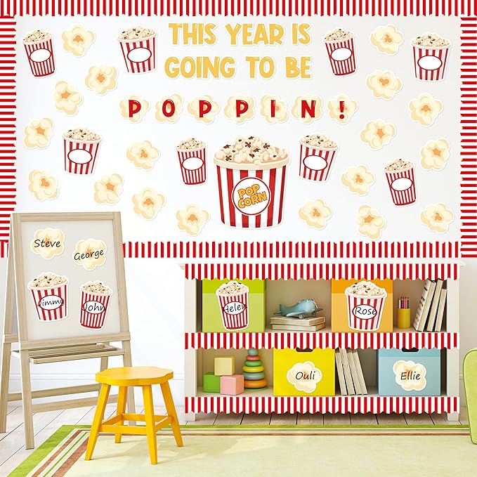 134Pcs Back to School Popcorn Bulletin Board Classroom Decoration Cute Popcorn Boxes Cutouts Name Tags Boarder Trim Back to School Popping Party Classroom Chalkboard Wall Door Decor Supplies