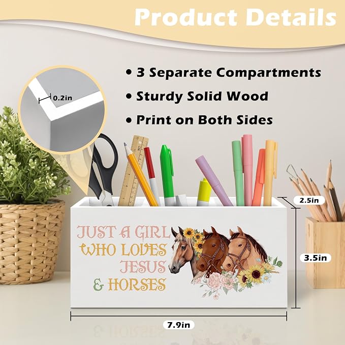 Christian Jesus Horse Pen Holder Organizer, Horse Lover Gifts, Christian Desk Decor, Floral Farm Horses Wooden Pen Pencil Holders for Girls Room Office Desk Accessories
