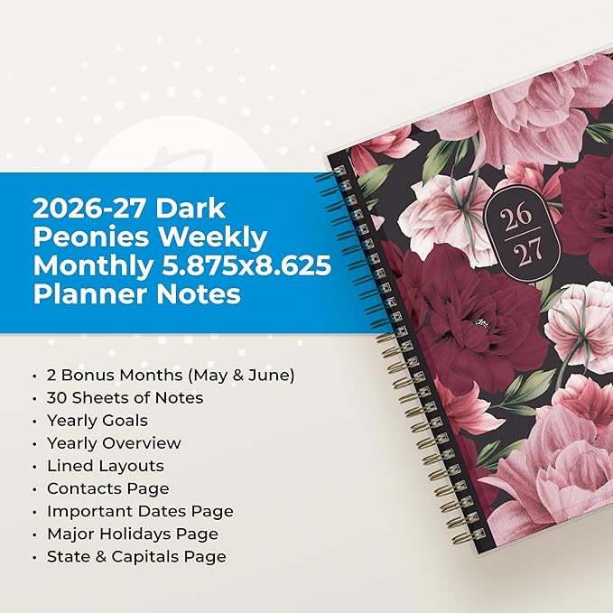 Blue Sky 2026-2027 Weekly and Monthly Academic Year Planner Calendar, July 2026 - June 2027, 5.875" x 8.625", Flexible Pocket Cover, Wirebound, Laminated Tabs, Includes Extra 30 Sheets of Notes, Dark Peonies