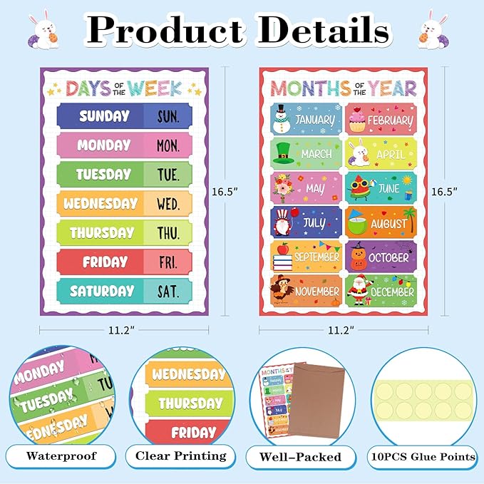 D4DREAM Days of The Week Poster for Kids - 2Pcs Laminated Months of the Year Poster for Classroom Decorations Toddler Learning Posters for PreK Kindergarten Homeschool Nursery Daycare Essentials