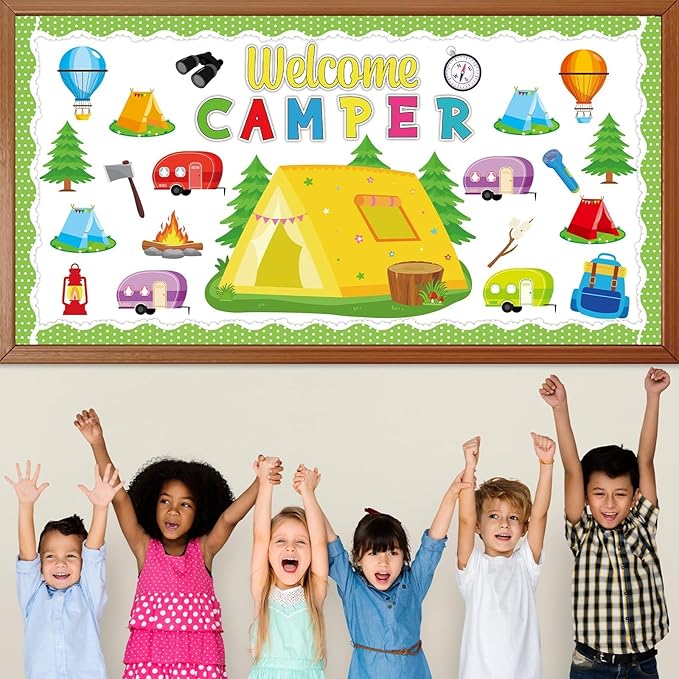 QOUBAI Camping Bulletin Board Set Happy Camper Trim Classroom Border Decorations VBS Tent Vintage Trailers Cutouts Welcome Camper for Back to School Summer Camping Nursery Chalkboard Wall Door Decor