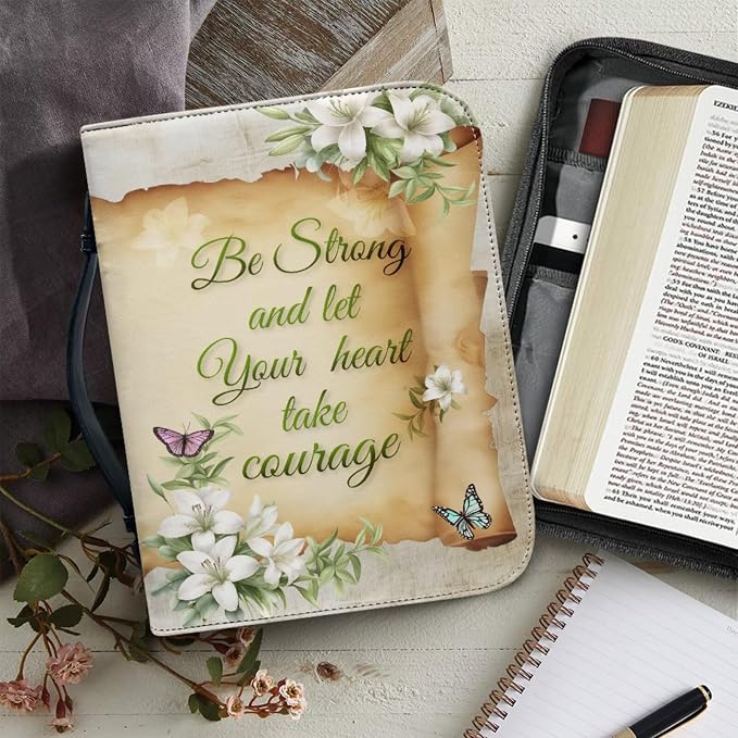 Vintage Lily and Cross Bible Case with Bookmark Waterproof Bible Cover Case for Women Lightweight Bible Bag with Handle Pockets Church Book Bag Beige