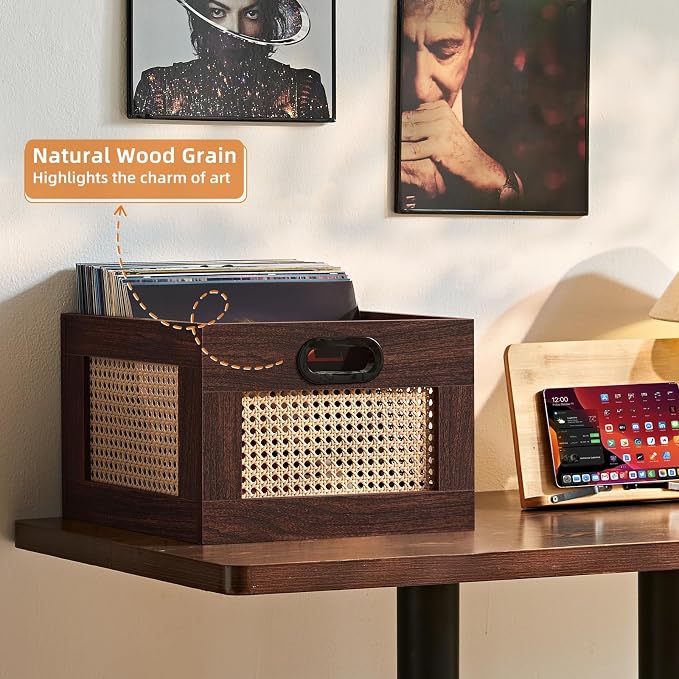 LELELINKY Vinyl Record Storage Crate, Rattan Vinyl Record Holder with Handle, Wood Record Crate for Vinyls Holder up to 75 LP's, Desktop Cube Album Storage for Vinyls Records(Walnut)