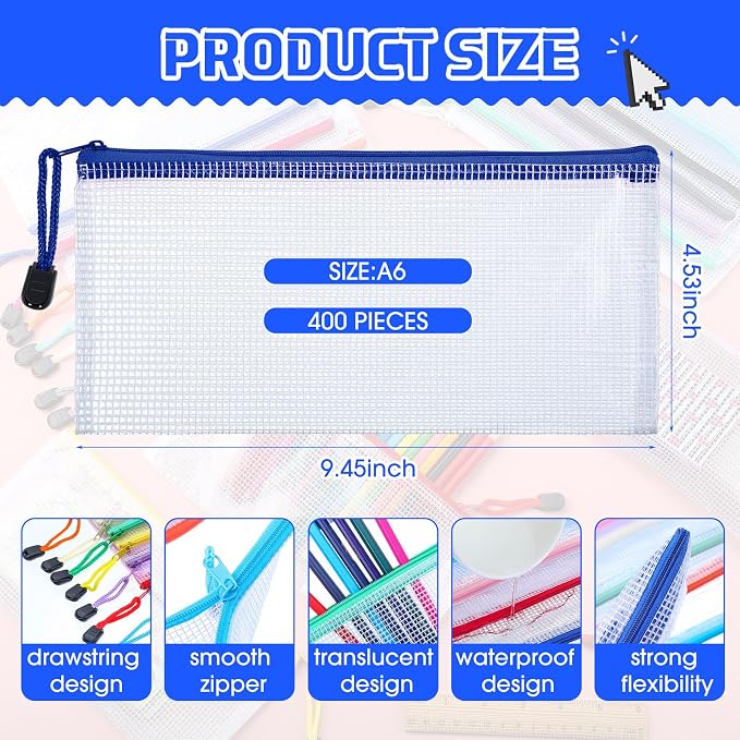 Zhehao 400 Pcs A6 Mesh Zipper Pouch Pencil Pouch with Zipper Waterproof Mesh Storage Bags Small Zipper File Bags for Classroom Organization School Office Supplies, 9.5 x 4.5 Inch (16 Assorted Colors)