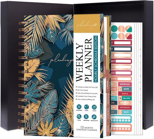 PLANBERRY Hourly Schedule Planner Premium – Undated Weekly Organizer with Time Slots & Monthly Budget – Time Management, Goal Setting, To-Do List & Habit Tracker –6.9″x8.5″(Tropical Forest)