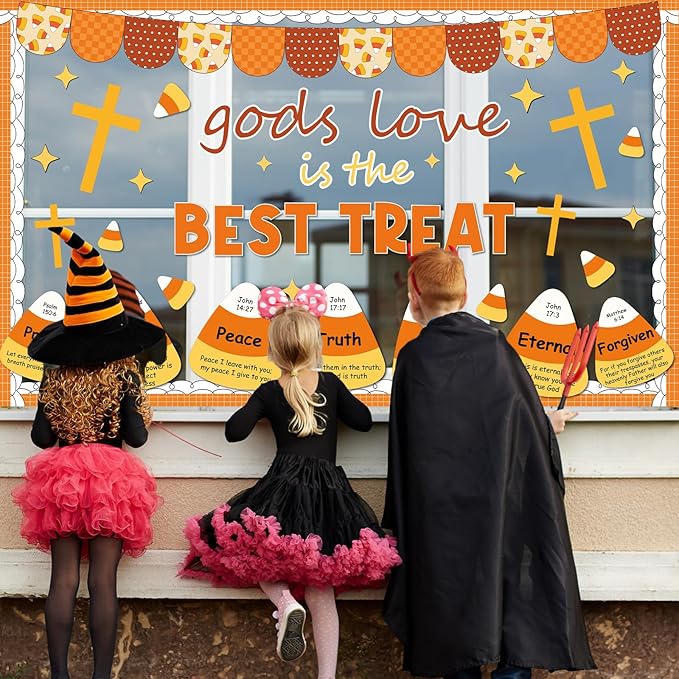 Halloween Candy Corn Bulletin Board Decorations Fall Christian Paper Cutouts Religious Gods Love is The Best Treat Cross Bulletin Party Supplies for School Classroom Home Chalkboard Wall Door Decor