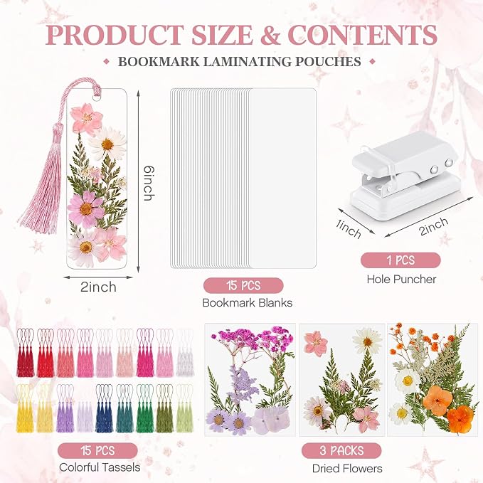 Fuyoooo 61 Pcs Dried Flower Bookmark Making Kit, DIY Bookmark Laminating Pouches with Tassels and Puncher, Handmade Craft Kit for Women, DIY Gifts for Book Lovers (Pink Orange Purple,2 x 6 Inch)