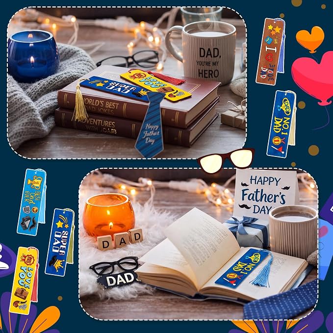 AmazingSpark 100 Pcs Father's Day Wood Bookmarks Bulk DIY Crafts Kit, 50 Set Blank Coloring Bookmarks with Tassel for Dad Grandpa Father's Day Gifts Classroom Activity Party Favor