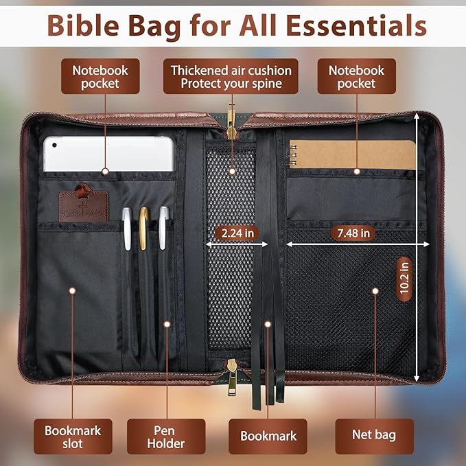 Bible Cover Case PU Leather Bible Bag for Men, with Leather Bookmark, Pen Slots, Handle, Strong and Sturdy Church Bag, Christian Gifts for Men and Women, Fits Standard Size Bibles (Brown)