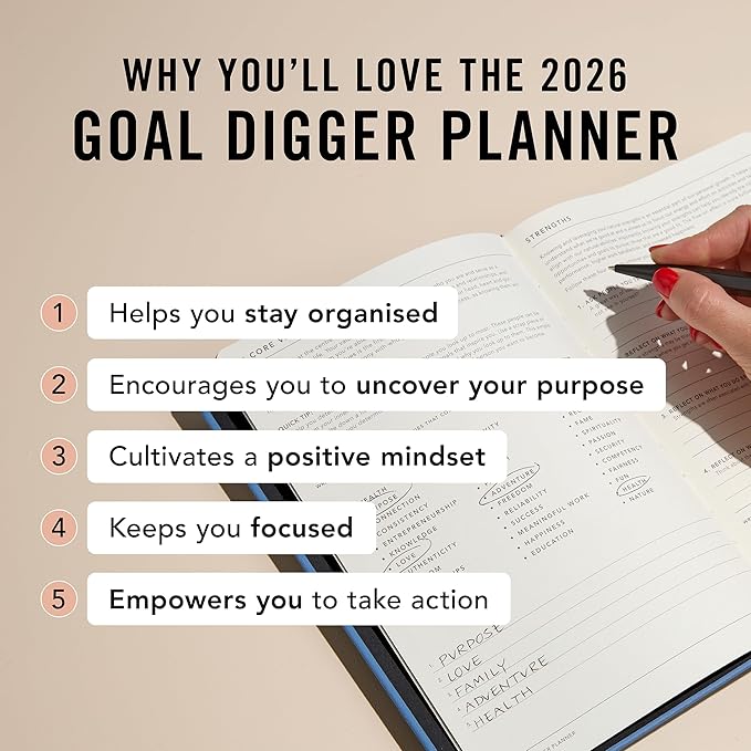 MI GOALS Goal Digger Weekly Planner 2026 | Dated Journal for Gratitude, Progress & Habit Tracking | Weekly Spread Layout, B5 (Black)