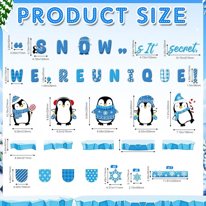 Pasimy Winter Penguin Bulletin Board Decorations January Bulletin Board Set Holiday Classroom Decor Snowflake Cutouts Border Trim for Kindergarten School Home Office Wall Door Party Supplies