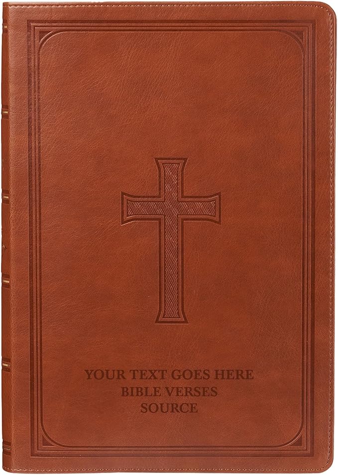 Personalized KJV Large Bible Saddle Brown Faux Leather Super Giant Print Size with Cross Cover Design | Custom with Name, Date or Text | Gift for Christian & Religious Celebrations