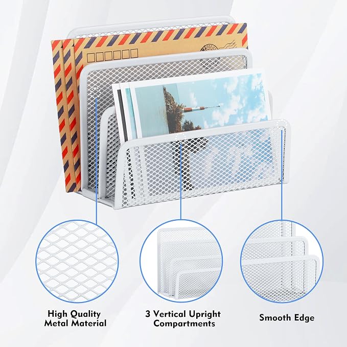 EASEPRES Desk Mail Organizer, Office Small Desktop Metal Mesh Envelope Letter Sorter Paper File Holder Organizer with 3 Vertical Upright Compartments, White 1 Pack