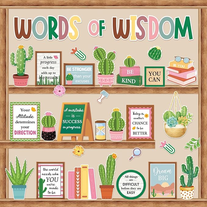 Mooliwe 57 Pcs Cactus Bulletin Board Set Inspirational Summer Bulletin Board Decoration Positive Cutout Classroom Decoration for School Office Home Teacher Classroom Wall Supplies