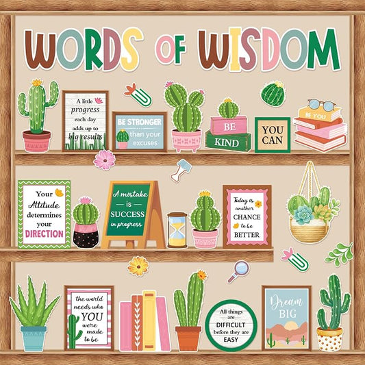 Mooliwe 57 Pcs Cactus Bulletin Board Set Inspirational Summer Bulletin Board Decoration Positive Cutout Classroom Decoration for School Office Home Teacher Classroom Wall Supplies