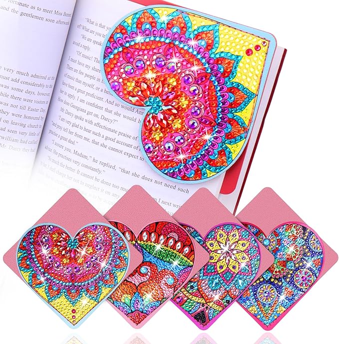 Heart Diamond Art Bookmarks, 4 PCS Diamond Art Bookmarks for Book Lovers, Diamond Art Accessories DIY Corner Bookmark Kits