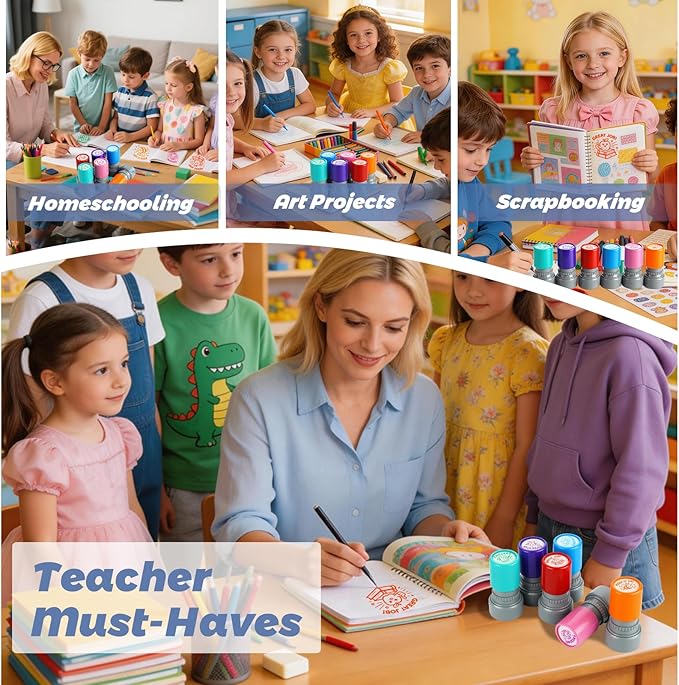 Teacher Stamps for Classroom, Teacher Appreciation Gifts, Self Inking Grading Stamps Set, Reward Stamps with Unicorn, Rainbow, Bee, Star, Classroom Essentials for Elementary School & Homeschool (6Pcs)