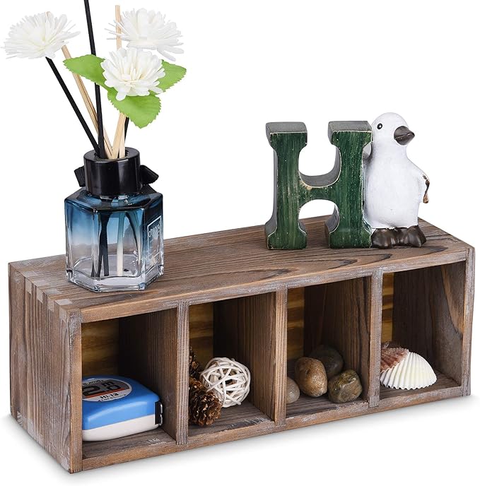WuGeShop Wood Remote Control Holder 4 Compartments, Rustic Wooden Table Remote Caddy, Multi-use Desktop TV Remote Storage Organizers for Controller, Phones, Stationery, Office Supplies