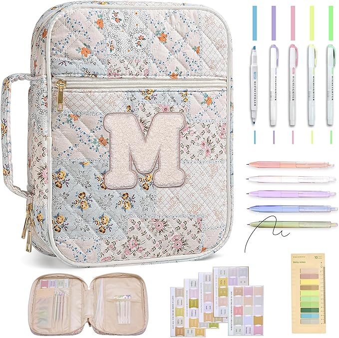 Personalized Initial Bible Cover Case for Women – Large Quilted Bible Bag with Handle, Chenille Letter, Bible Study Kit, Christian Gift for Mom, Grandma & Daughter (Patchwork Floral-M)