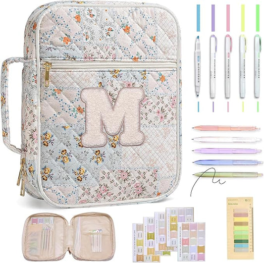 Personalized Initial Bible Cover Case for Women – Large Quilted Bible Bag with Handle, Chenille Letter, Bible Study Kit, Christian Gift for Mom, Grandma & Daughter (Patchwork Floral-M)