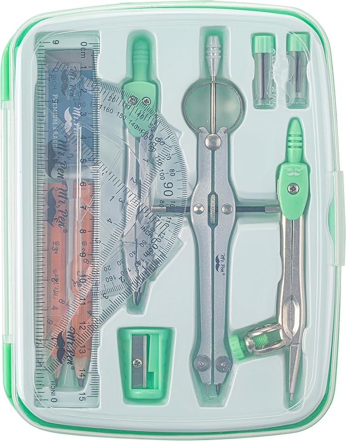 Mr. Pen- Geometry Set, 13 pcs, 3 Metal Compasses, Protractor, 6" Ruler, 45° & 30°/60° Set Squares, Pencils, Lead Refills, Sharpener & Eraser for Math, Drafting & Classroom Use
