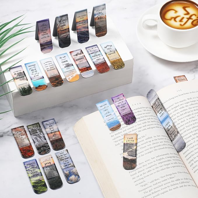 Zonon 48 Pcs Bible Verse Magnetic Christian Bookmarks, 0.8x4.7in Inspirational Scripture Book Markers for Women Men Religious Motivational Page Clips Book Lovers Reading Gifts(Forest Style)