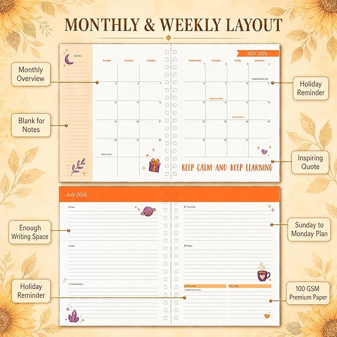 CAGIE Planner 2026-2027 18 Month July 2026-Dec 2027 Weekly and Monthly Calendar Planners Yearly Daily Hardcover 26-27 Planner for Women with Stickers Tabs Spiral Bound Agenda, Sunflower, 8.3"x9.1