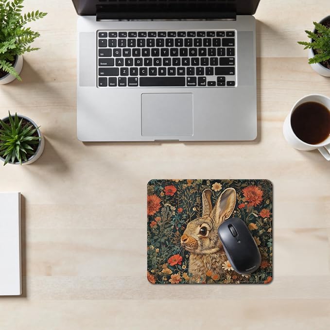 Vintage Floral Bunny Mouse Pad, Gifts for Bunny Rabbit Lovers, Dark Cottagecore Moody Flower Rabbit Mouse Pad for Home Office Computer Gaming Desk Essentials, 9.5x7.9 Inch