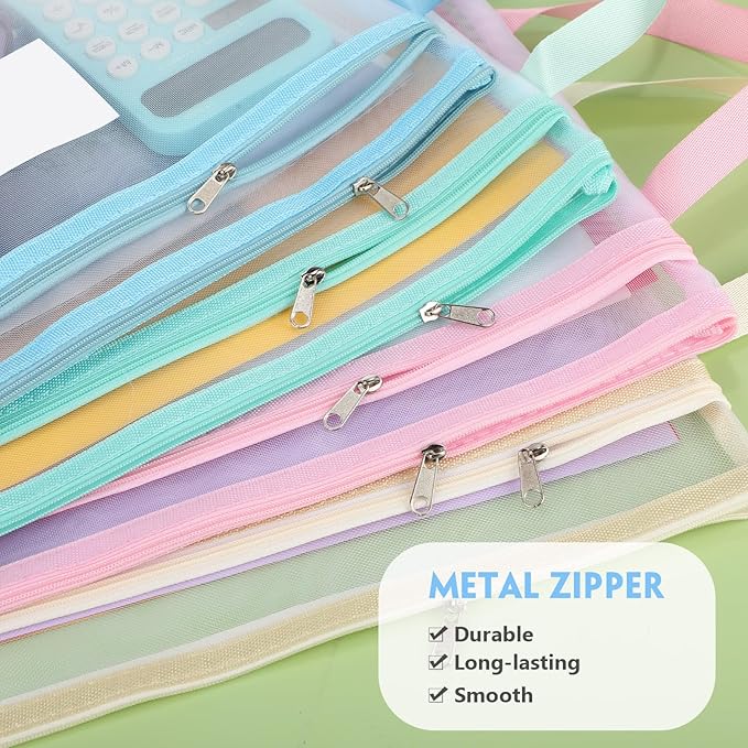 MotiMind 24 Pack Double Layer Mesh Zipper Pouch Bags 14.8 x 10.8 Inch Large Capacity Mesh Toy Storage Bags Colored Organizer Pouch with Handle for School Office and Home