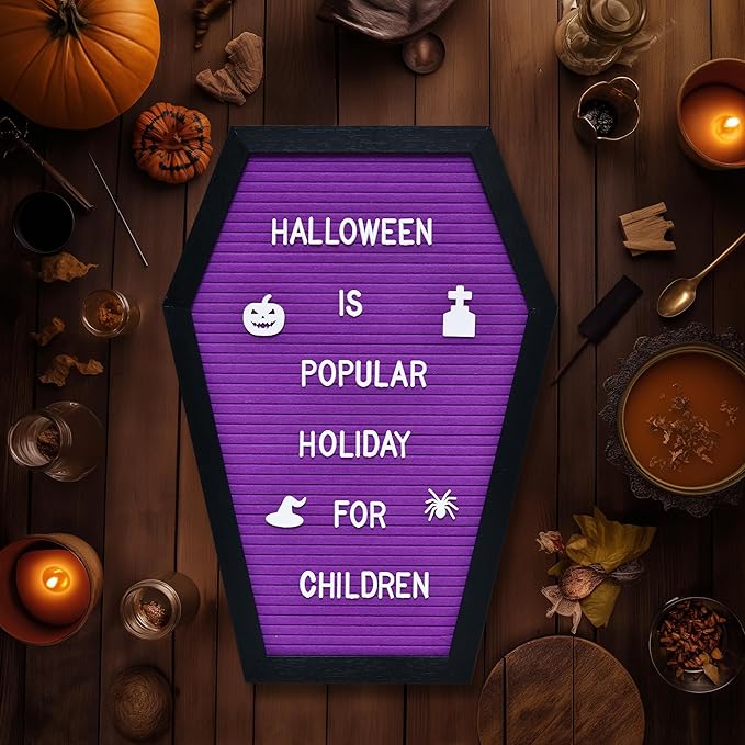Coffin Letter Board - 520 Characters Spooky Halloween Characters with Wooden Stand and Canvas Bag - 16x11 Inches - Felt Message Board for Home Office Halloween Supplies & Decor (Purple)