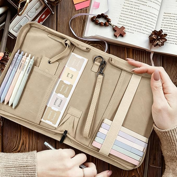 Leather Bible Cover for Woman & Men, Women’s Bible Case with Rose Bookmark Supplies-Girls Carrying Bag Tote with Strap, Personal Size Book Organizer for Journaling Bible-Khaki