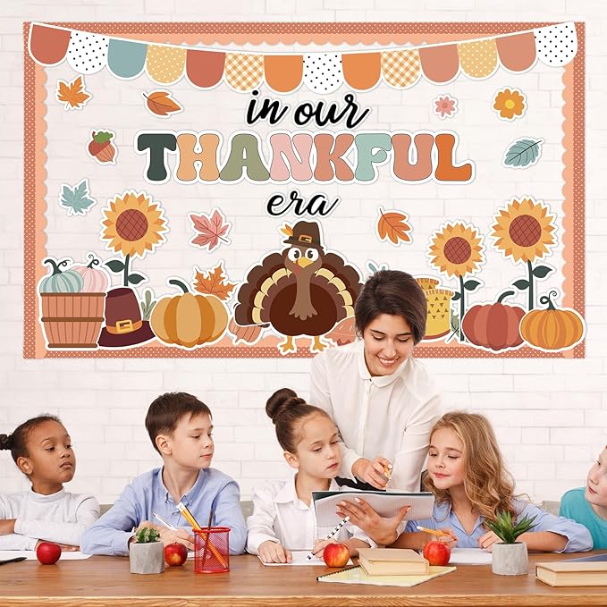 Thanksgiving Turkey Bulletin Board Set in Our Thankful Era Classroom Bulletin Board Decoration Fall Turkey Pumpkin Maple Leaves Paper Cutout for Classroom School Home Chalkboard Wall Decor