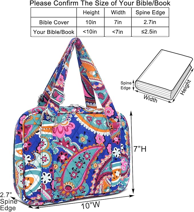 Bible Cover for Women with Adjustable Straps, Large Study Bible Carrying Case Bag with Zip Pocket, 10x7x2.7 Inches